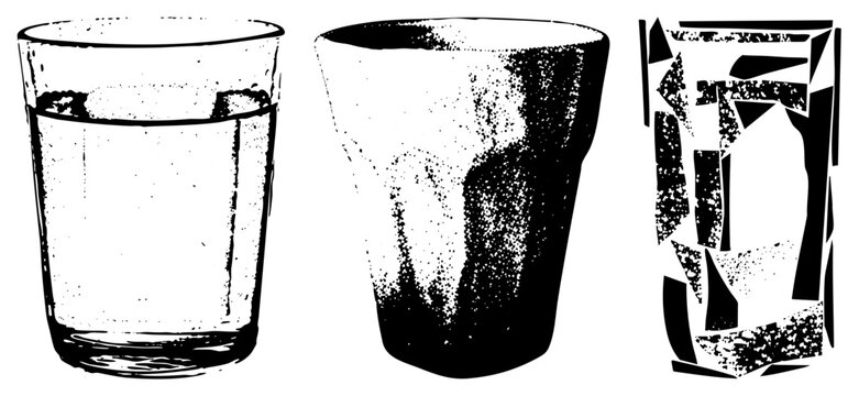 This collection features a classic tumbler, a rustic goblet, and a stylized drinking cup. These etched vessels, including a traditional dram glass and a simple, showcase heavy stippling.
