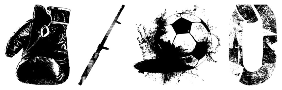 This high contrast collection features a heavy hitting brawler glove, a sharp katanas blade, and a soccer ball for intense athletic themes. These stencil style elements capture raw energy.