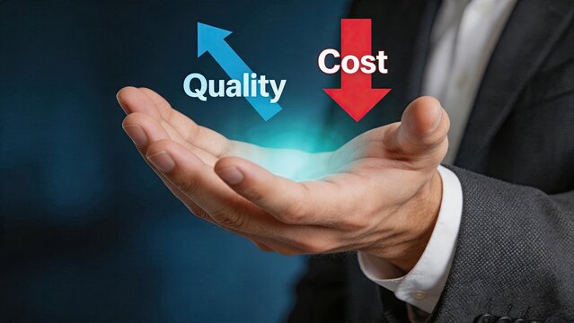 Businessman hand holding hologram showing quality increasing and cost decreasing, corporate efficiency, budget management, financial growth strategy concept for success.