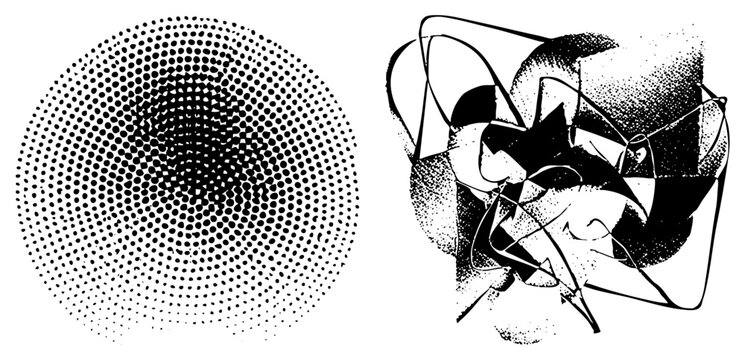 Gritty halftone orb paired with a messy doodle, featuring an ink splatter aesthetic and a chaotic scribble. This textured grain element and scribbly scrawl create a raw, avant garde look.