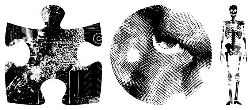 This grunge assembly features a textured jigsaw piece, a circular halftone eye, and a lanky bony figure. A strange assemblage of a puzzle bit, a spooky macabre shape, and a skeletal frame.