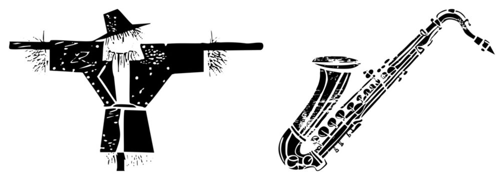 Distressed black and white stencil featuring a rustic and a soulful sax. This gritty folk art piece shows a straw man and a brass horn in a high contrast grunge style.