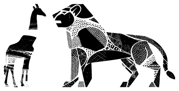 This artistic composition features a majestic big cat and a long necked creature. The lion, or king of the jungle, and the giraffe, often called a tower, appear in a striking silhouette.