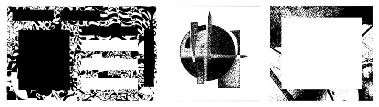 This edgy piece features a mixed assemblage of ink splatters and grainy textures. The gritty collage uses stencil style elements and halftone dots to create a raw, urban aesthetic.