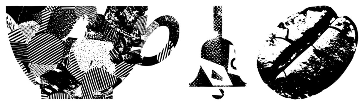 Vintage collage featuring a distressed java mug, a roasted coffee bean, and a stylized bell. These grunge coffeehouse use heavy halftone for a rugged aesthetic.