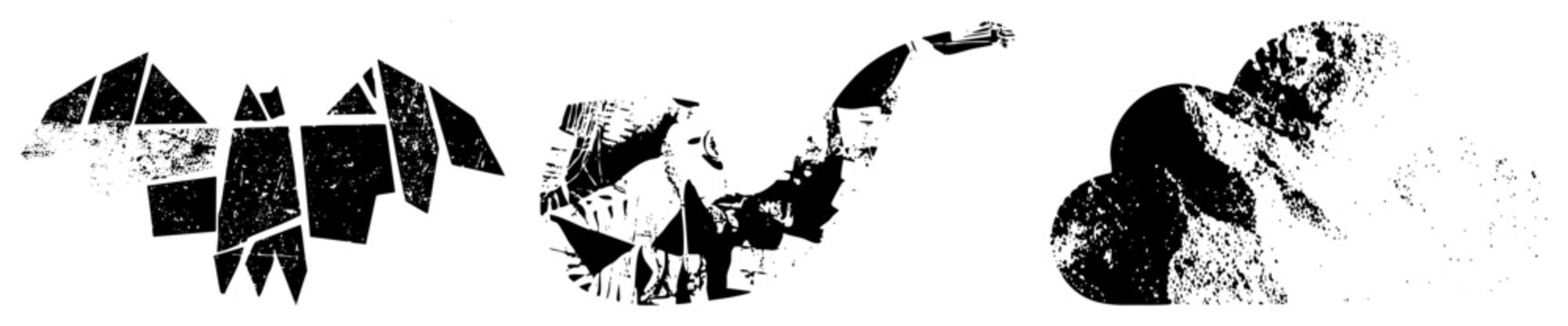 Gritty grunge silhouettes featuring a winged bat, a heavy pachyderm, and a textured cloud. These rough hewn shapes use high contrast stencils and ink splatter effects for an edgy look.