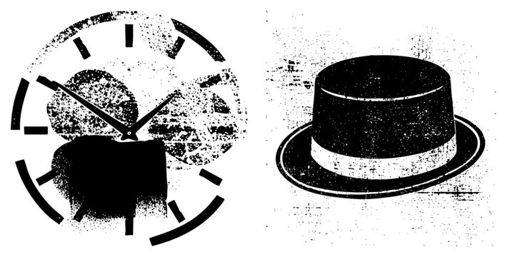 Distressed timekeeper and a formal bowler hat, also known as a derby or coke hat, rendered in a gritty stencil style. This weathered duo captures a nostalgic, worn aesthetic.