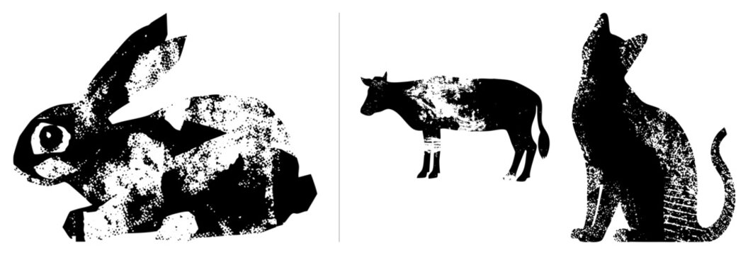 Collection of rustic silhouettes featuring a bunny, a heifer, and a kitty. These gritty farmyard creatures use a halftone stencil style to create a rugged, weathered aesthetic.