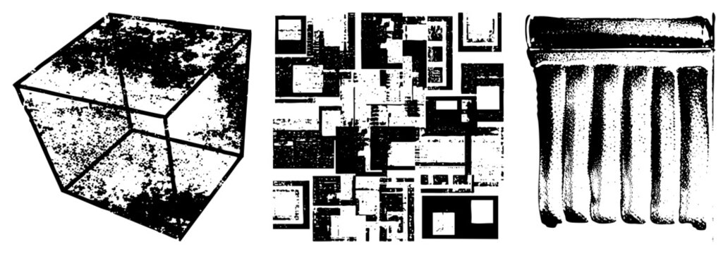 Textured collection featuring a distressed wireframe cube, a fragmented urban block, and a vertical ribbed texture. This gritty assemblage uses heavy halftone grit and stippled grain.