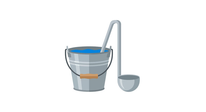 Metal bucket with ladle and blue liquid illustration.