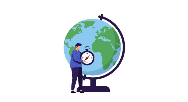 Businessman holding clock beside large globe illustration.