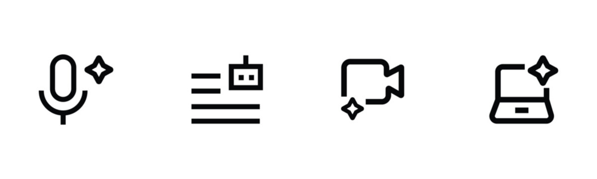 Smart microphone, chatbot messaging, AI video camera, laptop enhancement icon set, technology vector icons