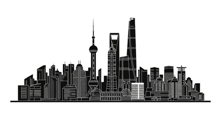 Obraz premium Shanghai City Skyline Silhouette Isolated on White Background