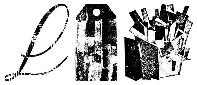 This collection features a stylized script letter, a weathered price tag, and geometric. The set includes a loopy character, a vintage label, and fractured blocks in a high contrast halftone st