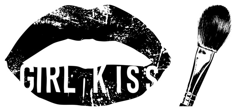 Textured lip smack featuring a bold girl kiss motif alongside a makeup brush tool. This stencil style lip mark and cosmetic applicator create a high contrast aesthetic.