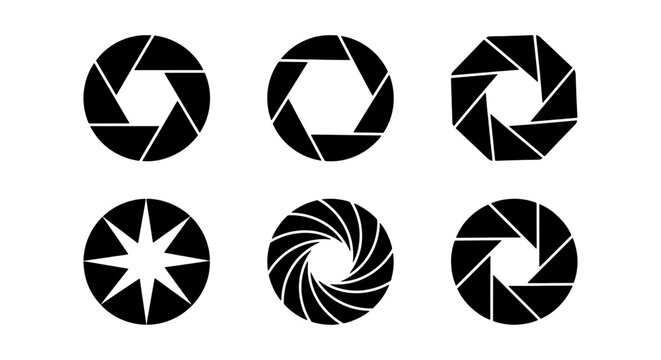 Camera Aperture Icons Set, Photography Diaphragm Blades Collection, Abstract Circular Shutter Shapes, Graphic Design Elements