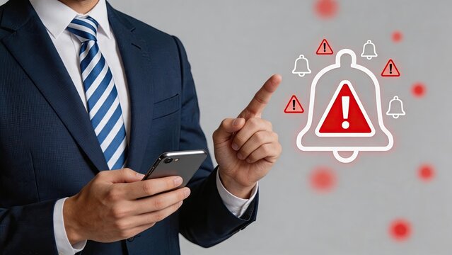 Businessman interacting with digital warning alert notification system, indicating urgent security issues, risk management, critical errors, and immediate attention required for