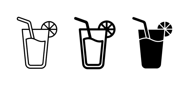 Three stylized vector icons of a refreshing drink in a glass with a straw and lemon slice. Outline, filled outline, and solid black silhouette styles for beverage graphics.