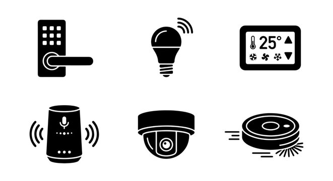 Smart Home Technology Icons Set: Digital Lock, Wi-Fi Bulb, Thermostat, Voice Assistant, Security Camera, Robot Vacuum Cleaner, Vector Graphics for Automation and IoT