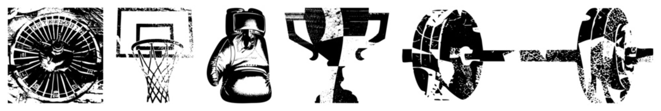 High contrast stencil set featuring a heavy weightlifting bar, a boxing glove, and a basketball hoop. This rough sports kit includes a championship cup and a spinning roulette wheel.