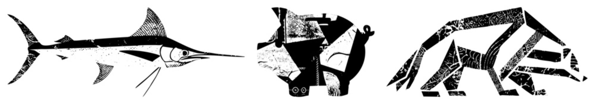 This collection features a swift billfish, a stylized, and a rugged rendered in heavy halftone. These ink wash creatures use jagged shapes and high contrast textures.