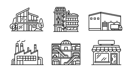 Naklejka premium Modern Building Icons Set, Commercial Architecture Vector Graphics, Urban Facade Illustrations, Industrial Warehouse and Storefront Line Art