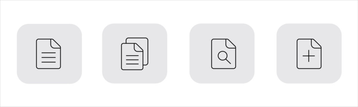 Document text file, copy duplicate pages, find document search, add new page plus icon set, file management vector icons