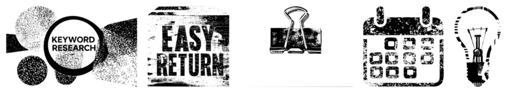 Collection of rough stencil elements featuring a binder clip, a calendar, and a lightbulb. These distressed assets include a vintage style bulb, a desk fastener, and heavy grain textures.