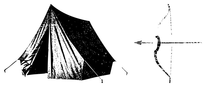 This weathered shelter, often called a bivvy or bivouac, sits alongside a rugged longbow. The distressed stencil style captures the essence of an outdoor scout kit or survivalist gear.