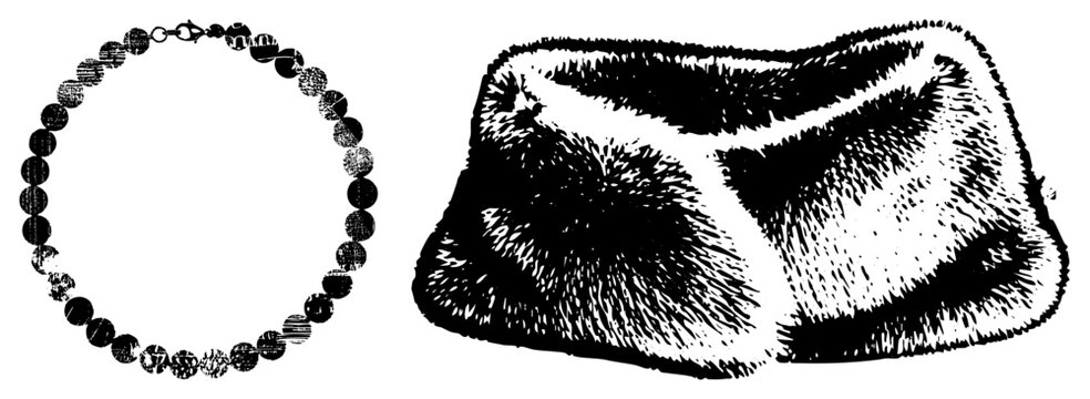 Vintage textured headpiece known as a trapper hat alongside a beaded string or neckpiece. This rugged gear and jewelry set features a heavy stippled grain effect for an edgy aesthetic.