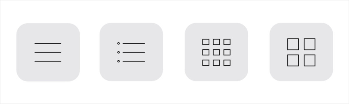 Hamburger menu, bulleted list, grid view dashboard, layout squares icon set, interface navigation vector icons
