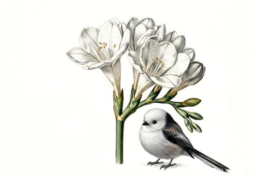 19世紀ボタニカルアート風のフリージアとシマエナガのイラスト、銅版画スタイルのレトロな博物画/
Vintage botanical illustration of a Long-tailed Tit on a Freesia flower, 19th century copperplate engraving style, white background