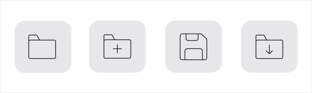 File folder, add new folder plus, floppy disk save, download to folder icon set, storage management vector icons