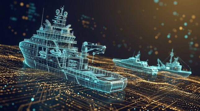 Holographic wireframe ship on digital circuit board
