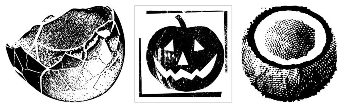 Stylized collection featuring a grinning jack o lantern, a broken coconut, and a halved coco nut. These gritty stencil graphics use heavy halftone textures for a high contrast look.
