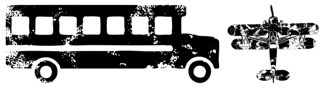 Rugged distressed school bus, also known as a yellow bus or jitney, sits alongside a retro plane, a vintage flyer. Both subjects feature heavy grunge textures and stencil aesthetics.