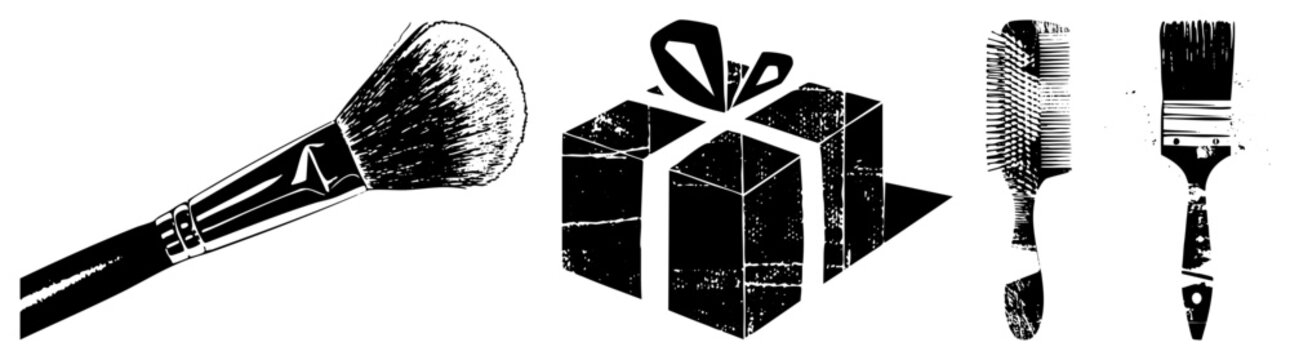 This collection features a textured powder puff, a gift package, and various beautification tools. These gritty makeup brushes and present box elements use a high contrast stencil style.