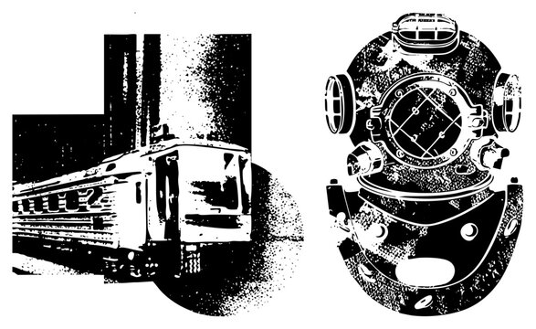Weathered locomotive and old fashioned copper diver, featuring a heavy iron railcar alongside a classic bathysphere headpiece. These gritty textures capture a sense of industrial history.