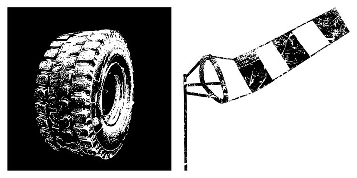 Rugged rubber tread piece alongside a weathered windsock, featuring a distressed wind cone and heavy tire markings. This high contrast stencil captures industrial textures.