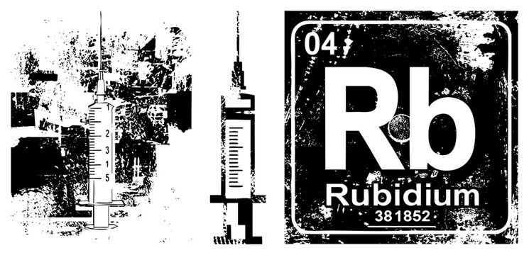 This distressed collection features the chemical symbol for rubidium alongside a medical hypo and a sharp. The set a rough stencil aesthetic with heavy texture and high contrast.