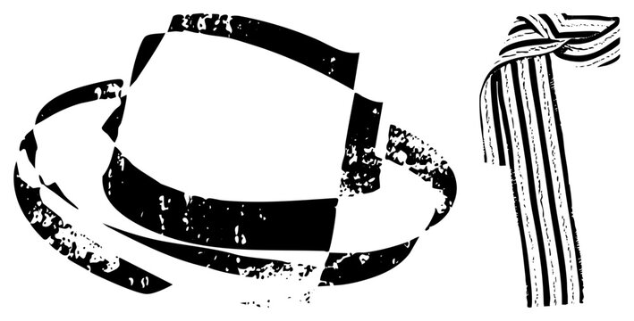Weathered wide brim fedora and knotted neckerchief rendered in a distressed stencil style. This rugged headgear and neck wrap set features high contrast textures.