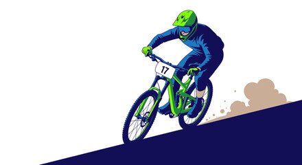 Fototapeta premium Mountain biker racing downhill on a steep trail, kicking up dust