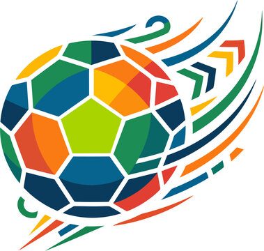 Dynamic Colorful Soccer Ball Illustration in Motion with Abstract Artistic Trails, Vibrant Sports Game Graphic Element