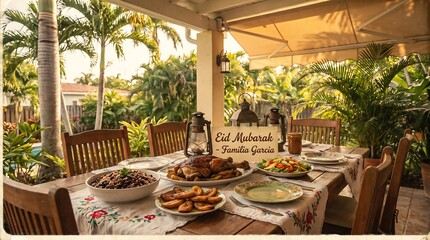 Obraz premium Outdoor dining table with food and tropical plants.