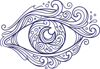 Fototapeta premium Ornate eye illustration with swirling patterns and fish decorative art