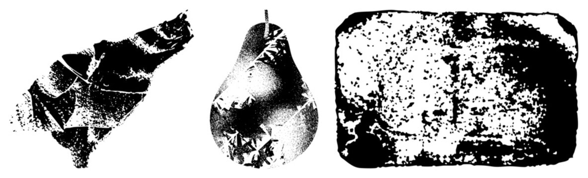 Gritty stipple style pear alongside organic ink blots and a rustic fruit slice. These textured pome fruits and messy blotches feature a heavy halftone grain and high contrast stippling.