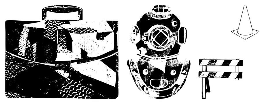 This vintage stencil set features a heavy duty toolbox, a rugged diving helmet, and a safety cone. These weathered gear pieces, including a deep sea bell, offer a textured urban aesthetic.