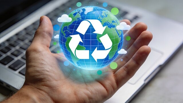 Hand holding glowing earth globe with white recycling arrows symbol, environmental protection, circular economy, waste reduction and ecological conservation concept over laptop