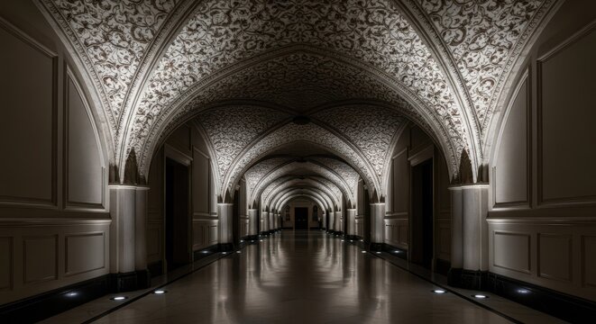 Elegant vaulted hallway with ornate ceiling illuminated by discreet floor lighting, creating a majestic architectural perspective