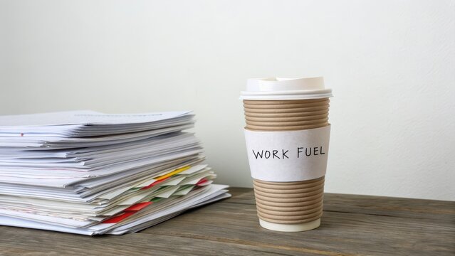 Coffee cup beside stack of papers representing work and productivity